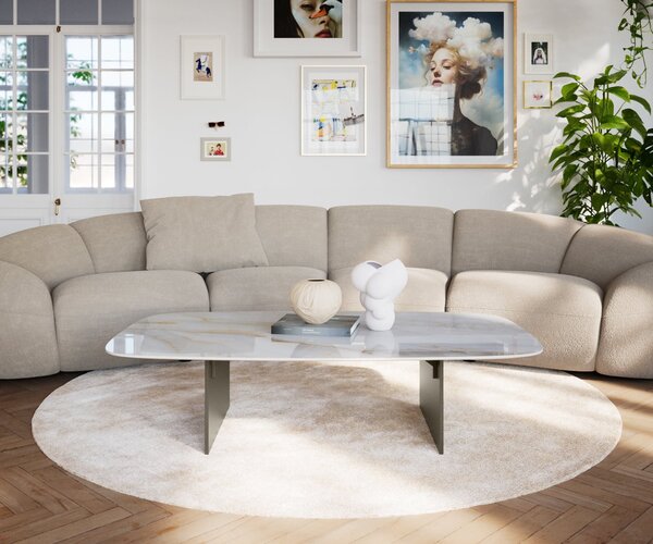 DELIFE Dohányzóasztal Edge hajóformájú 140x80 cm kerámia onyx gyöngyház Salto fém titán színű effektfinish