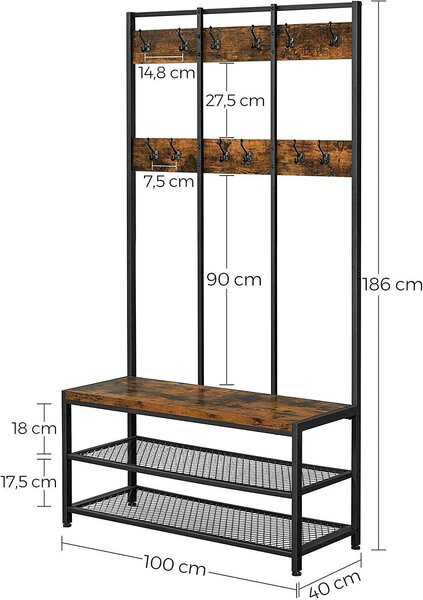 Vasagle Cipőtartós Pad - Rusztikus Barna - 100x40x186 cm