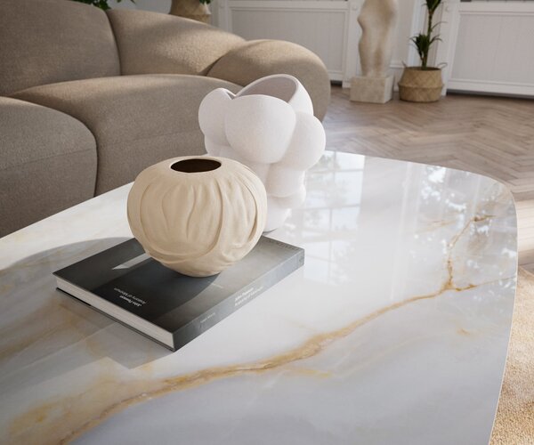 DELIFE Dohányzóasztal Edge hajóformájú 140x80 cm kerámia onyx gyöngyház Salto fém titán színű effektfinish