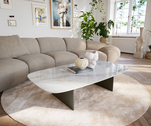 DELIFE Dohányzóasztal Edge hajóformájú 140x80 cm kerámia onyx gyöngyház Salto fém titán színű effektfinish