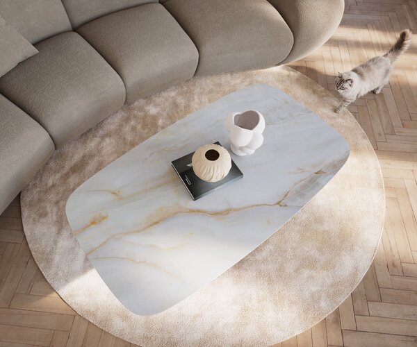 DELIFE Dohányzóasztal Edge hajóformájú 140x80 cm kerámia onyx gyöngyház Salto fém titán színű effektfinish