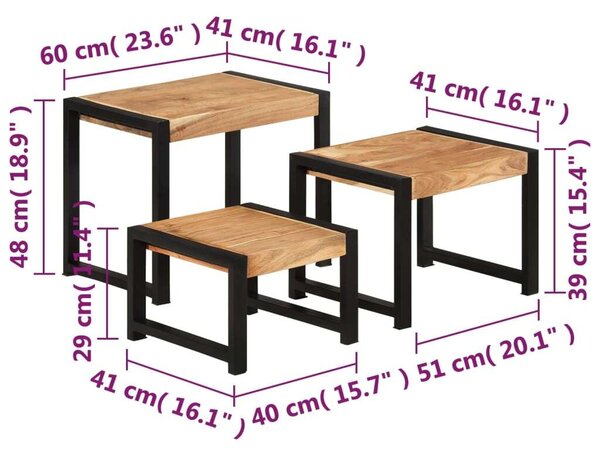 VidaXL 3 db paliszander felületű tömör fa egymásba tolható asztal