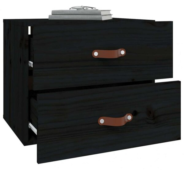 VIDAXL - 2 db Fekete Tömör Fenyőfa Falra Szerelhető Éjjeliszekrény - 50x36x40 cm
