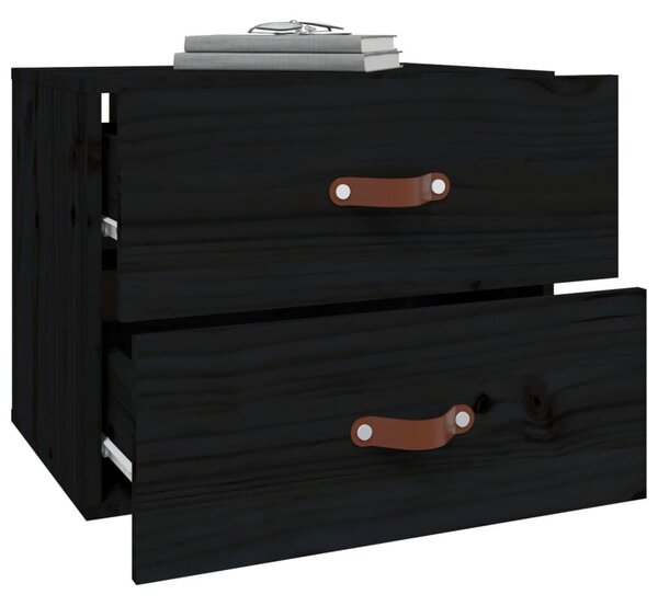 VIDAXL - 2 db Fekete Tömör Fenyőfa Falra Szerelhető Éjjeliszekrény - 50x36x40 cm