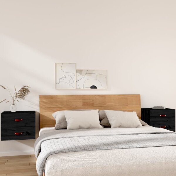 VIDAXL - 2 db Fekete Tömör Fenyőfa Falra Szerelhető Éjjeliszekrény - 50x36x40 cm