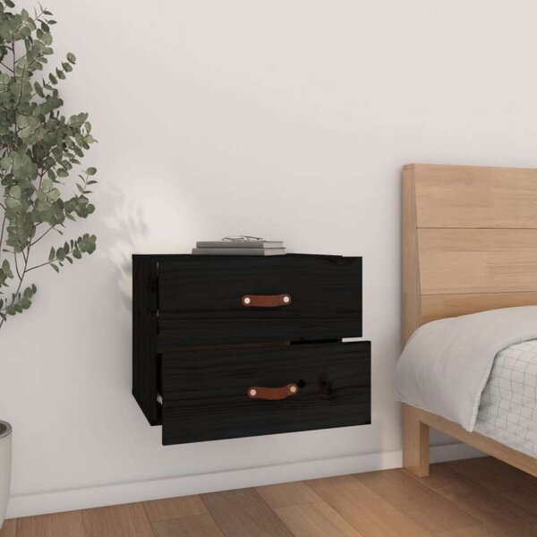 VIDAXL - 2 db Fekete Tömör Fenyőfa Falra Szerelhető Éjjeliszekrény - 50x36x40 cm