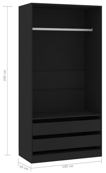 Praktikus Fekete Ruhásszekrény - Forgácslap - 100x50x200 cm - 2 Fiókkal