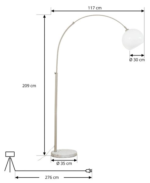 Lindby ív világítás Alverton, fehér/nikkel, üveg, 197 cm, Fehér / opál, Nappali / Étkező, fém, Modern