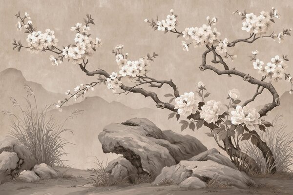 Fotótapéta Virágzó cseresznyefaág sziklák felett, világos bézs árnyalatokban, keleti festészeti, Fotótapéta keleti stílusban, w10052 : Uwalls.hu