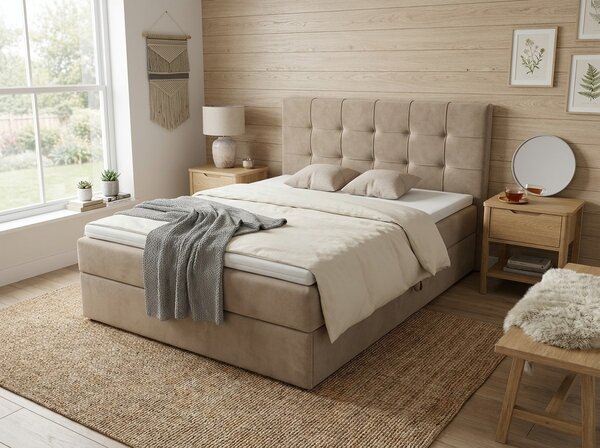 Kárpitozott boxspring ágy DIRELIS TRINITY 140x200 cm bézs Matrac: Bonell rugós matrac