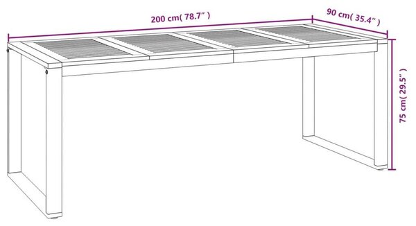 Tömör akácfa kerti asztal u-alakú lábakkal 200 x 90 x 75 cm