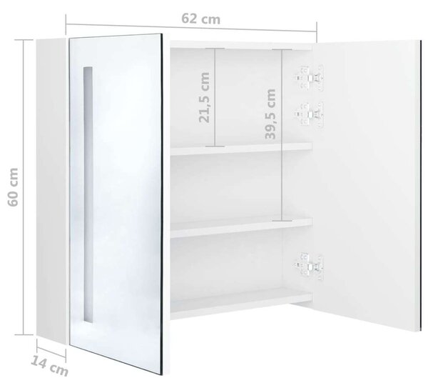 VidaXL fényes fehér LED-es tükrös fürdőszobaszekrény 62 x 14 x 60 cm