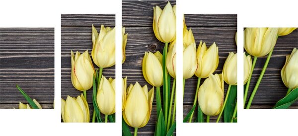 5 részes kép csodálatos sárga tulipánok fa felületen