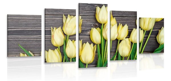 5 részes kép csodálatos sárga tulipánok fa felületen