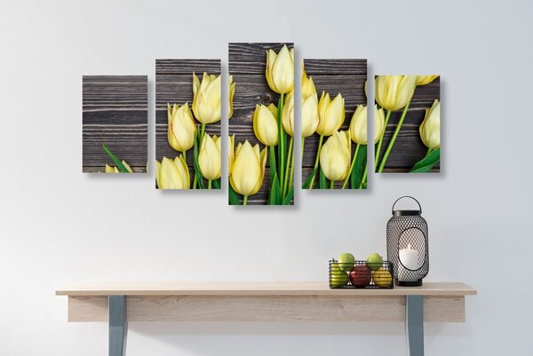 5 részes kép csodálatos sárga tulipánok fa felületen