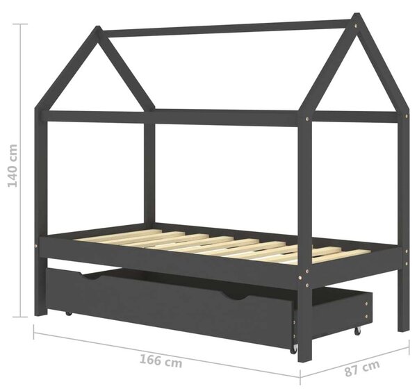 Sötétszürke tömör fenyőfa gyerekágykeret fiókkal 80 x 160 cm