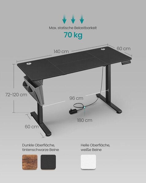 Elektromos, magasságban állítható íróasztal, 140 x 60 x (72-120) cm, fekete