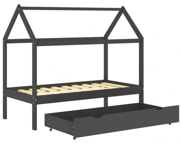 Sötétszürke tömör fenyőfa gyerekágykeret fiókkal 80 x 160 cm