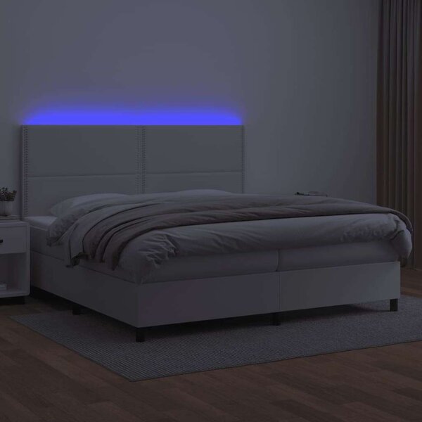 Fehér műbőr rugós ágy matraccal és led-del 200x200 cm