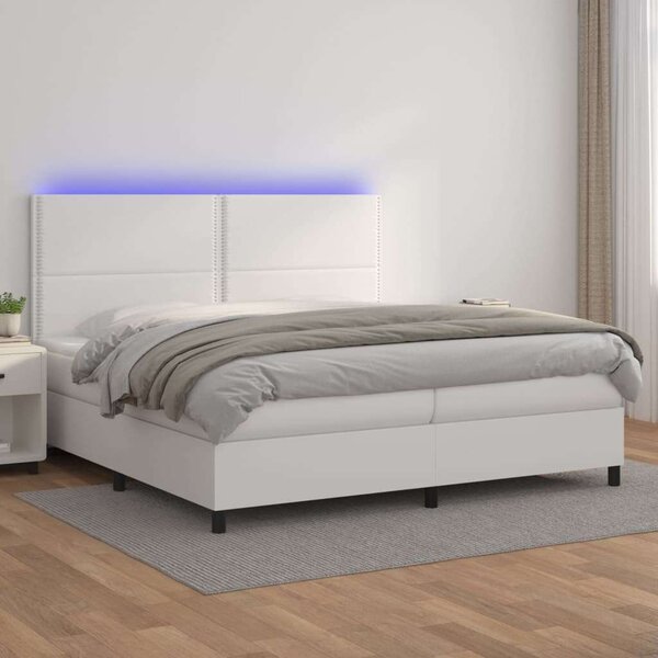 Fehér műbőr rugós ágy matraccal és led-del 200x200 cm