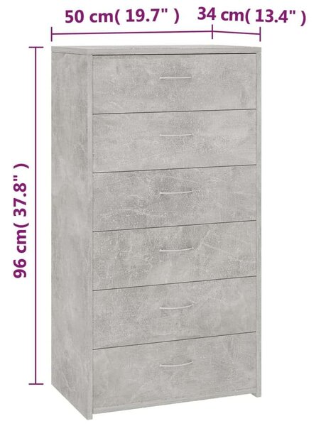 6-fiókos betonszürke forgácslap tálalószekrény 50 x 34 x 96 cm