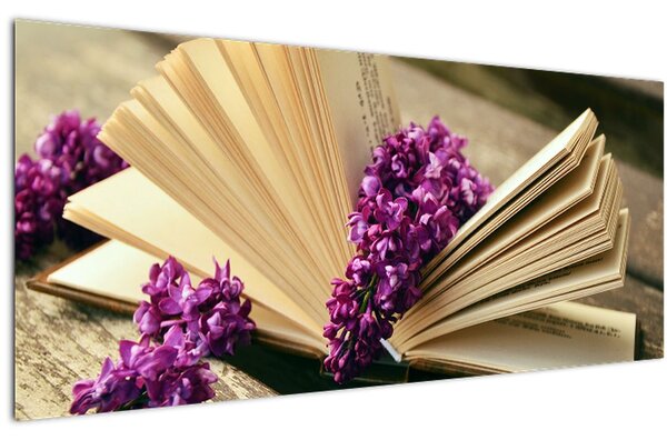 Kép egy könyvröl és a lila virágok (120x50 cm)