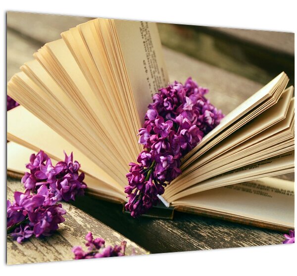 Kép egy könyvröl és a lila virágok (70x50 cm)