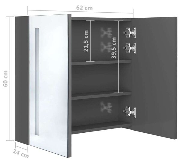 Betonszürke led-es tükrös fürdőszobaszekrény 62 x 14 x 60 cm