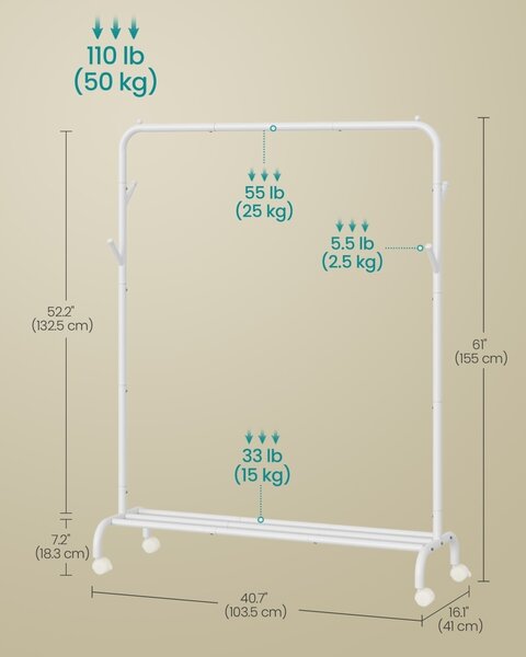 Gurulós ruhaállvány, Fabio, fehér, 103.5x39x155 cm