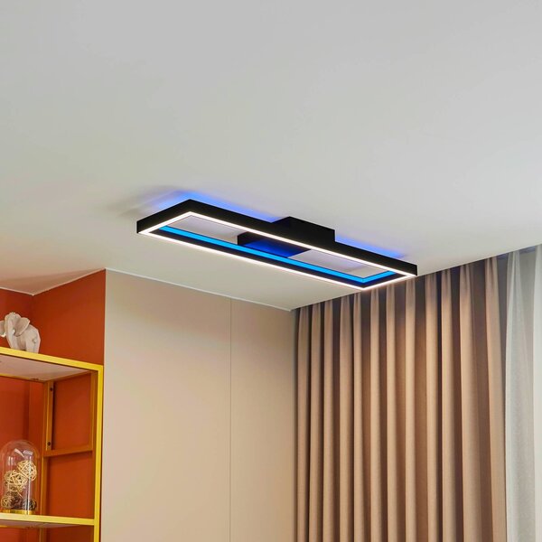 Lucande Smart LED mennyezeti lámpa Tjado, 100 cm, fekete, RGBW, dimmelhető, Fekete, Nappali / Étkező, fém, Modern
