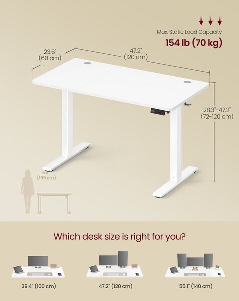 VASAGLE állítható magasságú elektromos íróasztal, 120 x 60 cm, fehér