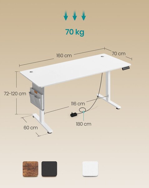 SONGMICS állítható magasságú elektromos íróasztal, 160 x 70 cm, fehér