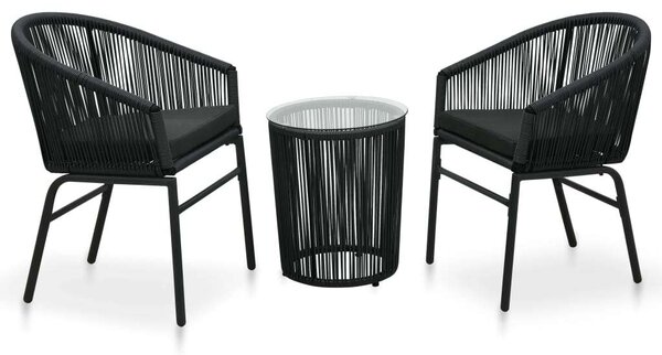 3-részes fekete pvc rattan bisztrószett párnákkal