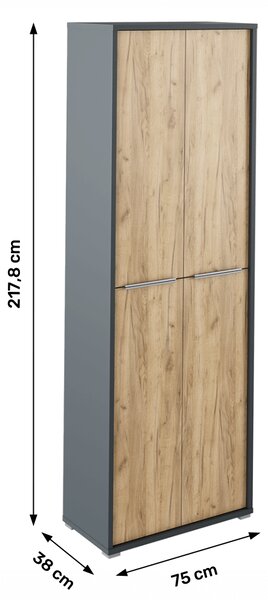 KONDELA Magas szekrény polcokkal, grafit/tölgyfa artisan, RIOMA NEW TYP 05