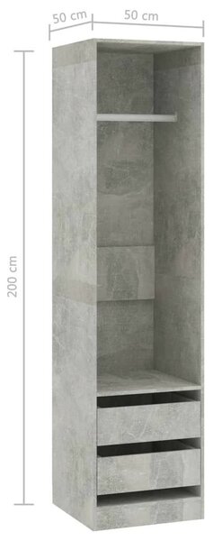 Betonszürke forgácslap ruhásszekrény fiókokkal 50 x 50 x 200 cm