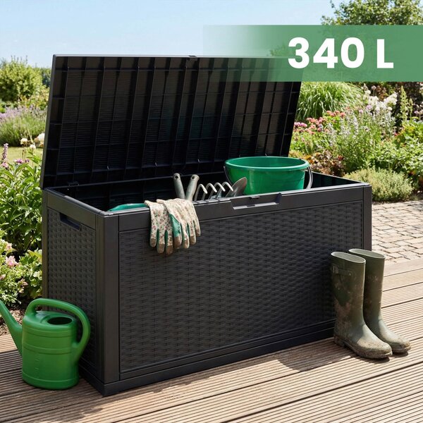 AKORD Furniture Factory 340L kerti tároló láda vízálló polipropilén fekete rattan mintázattal