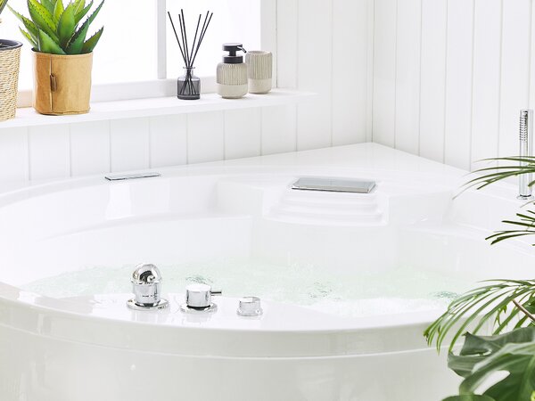 Sarok hidromasszázs kád LED világítással MILANO Beépített Bluetooth Hangszóróval 181 x 150 cm Fehér