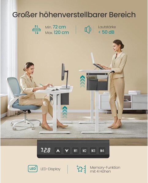 Elektromosan állítható magasságú íróasztal, 60 × 140 × 72–120 cm –, felhő fehér színben