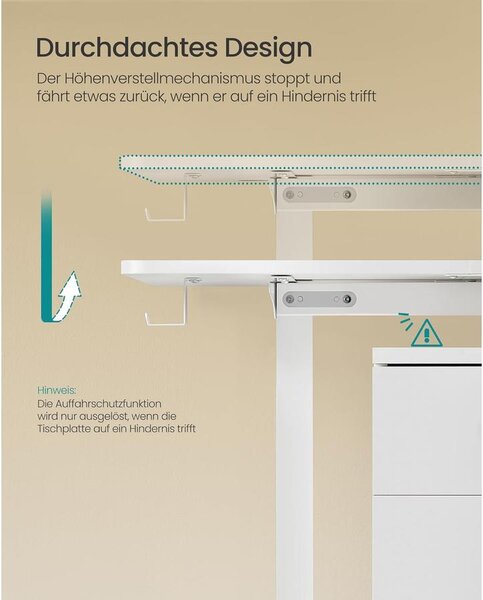 Elektromosan állítható magasságú íróasztal, 60 × 140 × 72–120 cm –, felhő fehér színben