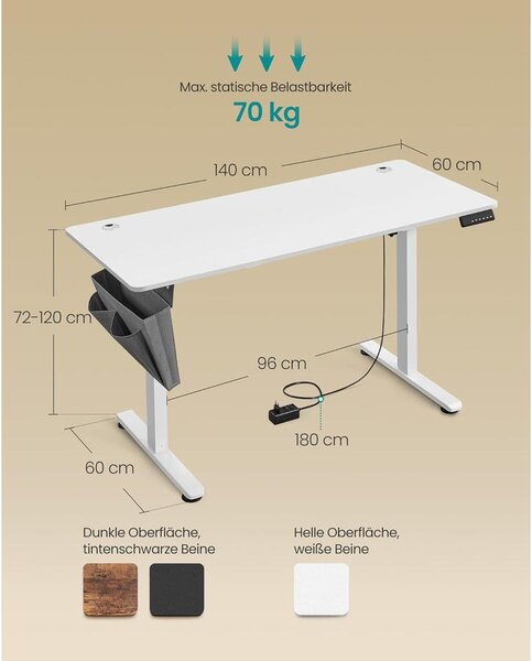 Elektromosan állítható magasságú íróasztal, 60 × 140 × 72–120 cm –, felhő fehér színben