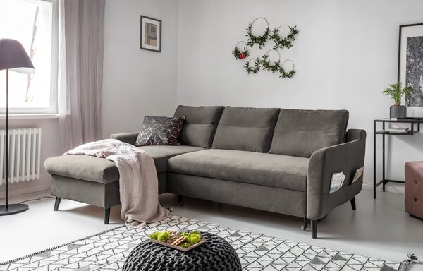 Stylish Stan sötétszürke kinyitható bársony sarokkanapé, bal oldali - Miuform