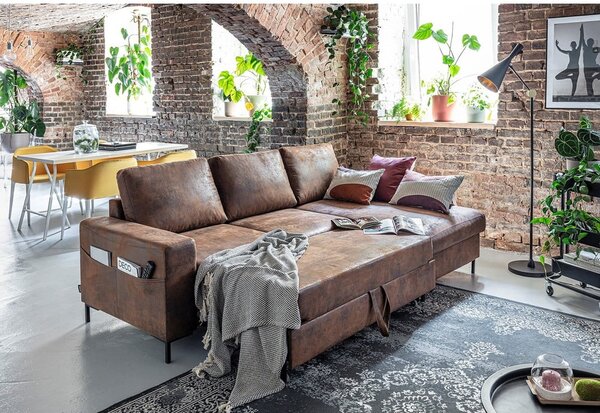Lofty Lilly Vintage barna kinyitható bőrutánzat sarokkanapé, jobb oldali - Miuform