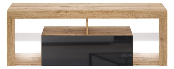 TV-szekrény 140 cm, Wotan tölgy/magasfényű fekete színkombinációban, LED-világítással EVEREST HUGO
