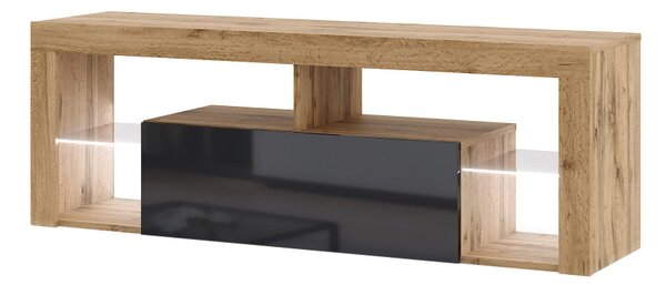 TV-szekrény 140 cm, Wotan tölgy/magasfényű fekete színkombinációban, LED-világítással EVEREST HUGO