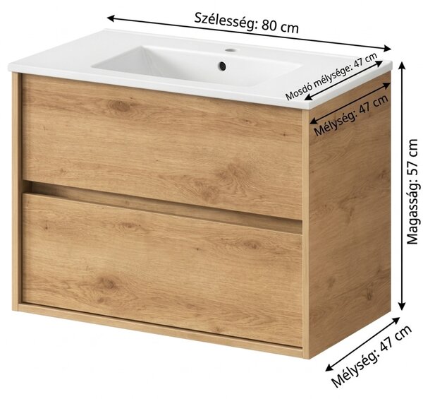 RODO fürdőszoba mosdószekrény + mosdó 80 cm NATÚR TÖLGY (összeszerelve)