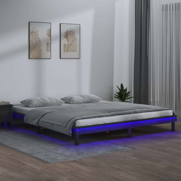VidaXL szürke tömör fa ágykeret LED-világítással 140x190 cm