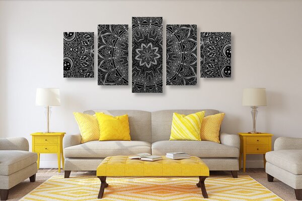 5 részes kép keleti Mandala fekete fehérben