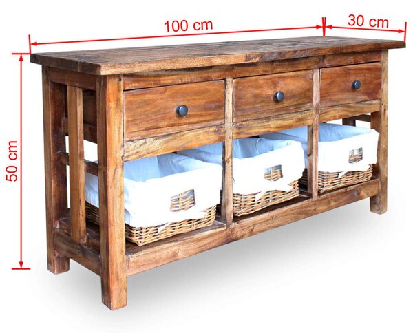 Újrahasznosított Tömörfa Tálaló - 100x30x50 cm - 3 Fiók, 3 Kosár