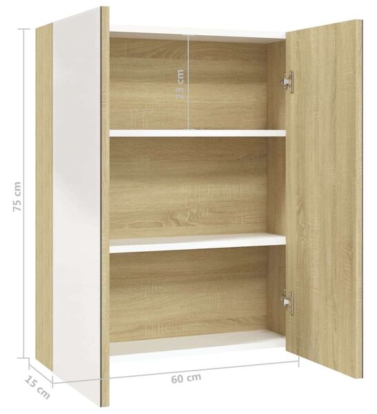 VidaXL fehér és tölgy MDF tükrös fürdőszobaszekrény 60 x 15 x 75 cm