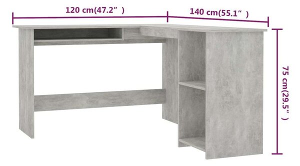 VidaXL L-alakú Sarok Íróasztal - Betonszürke - 120x140x75 cm